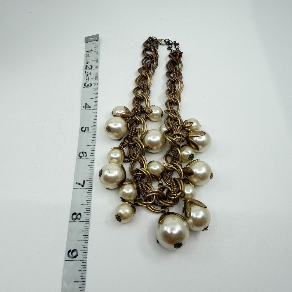 Gold Tone Faux Pearl Cluster Necklace - Boho Chunky Layering Statement - Picture 12 of 13